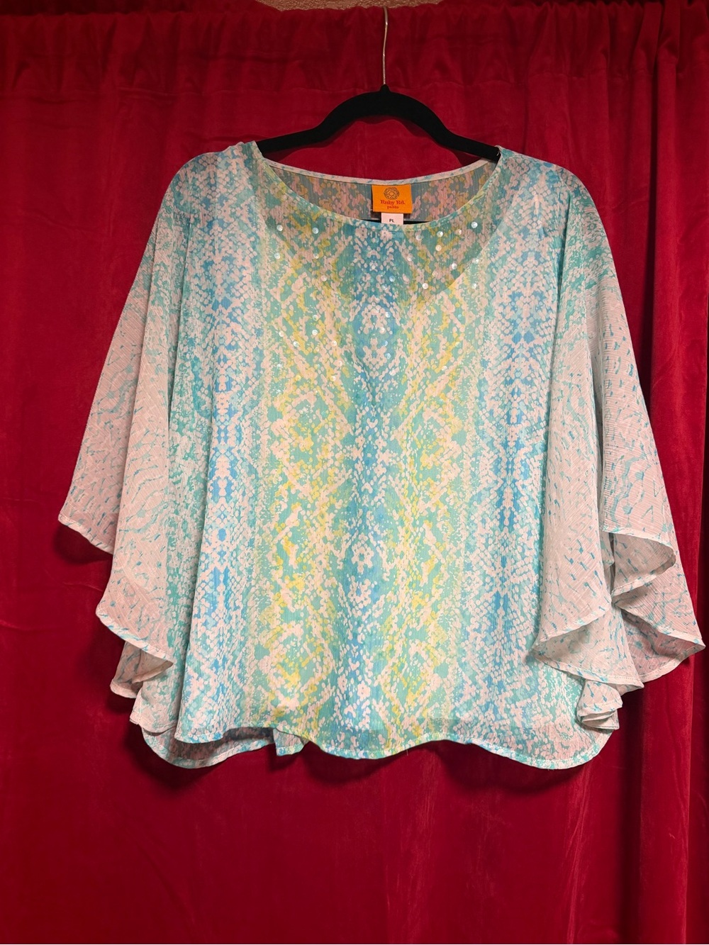 Ruby Rd. Aqua & Mint Printed Flutter Sleeve Blouse